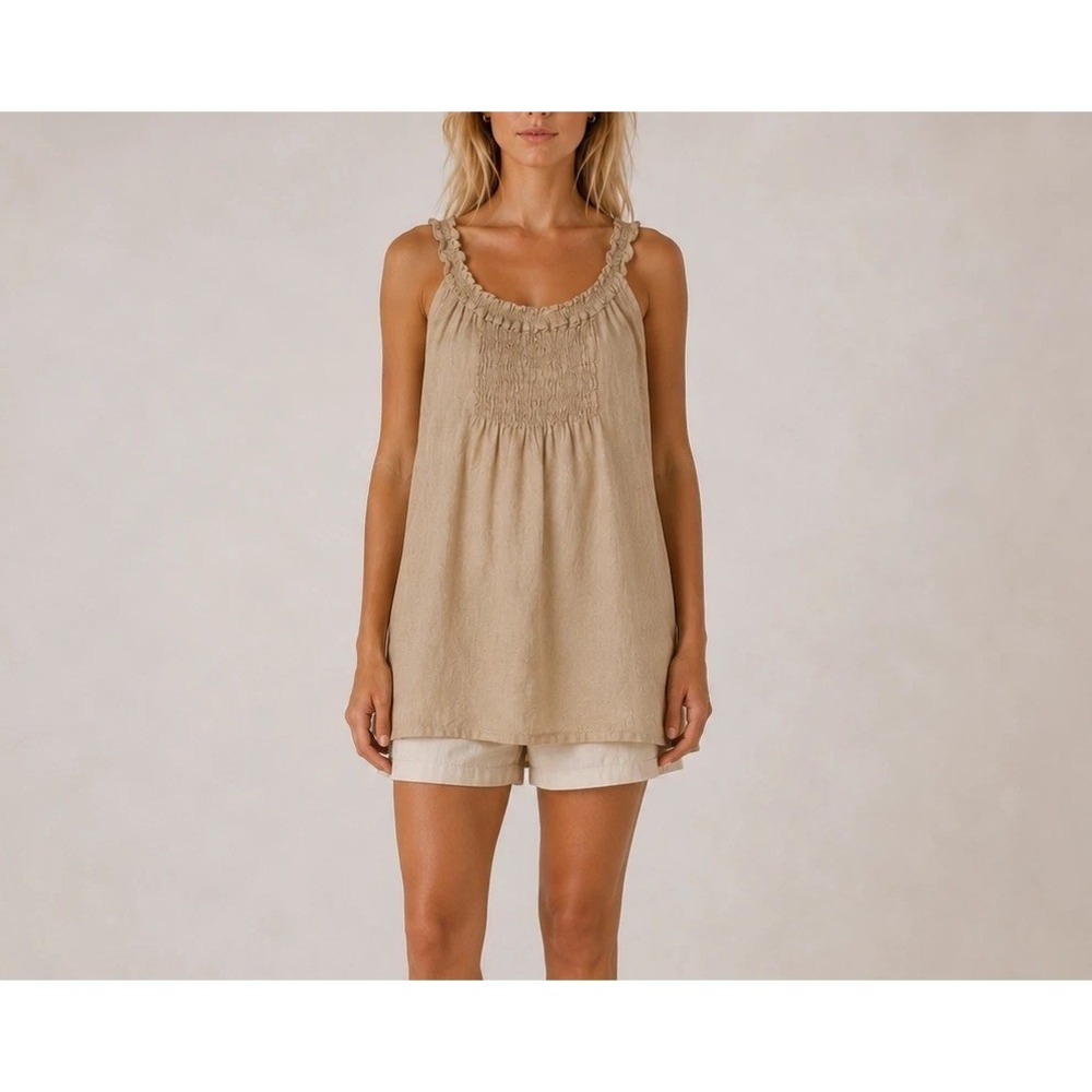 Piazza Roma Quiet Luxury Ethereal Linen Smocked Top Summer Vacay Sustainable Med